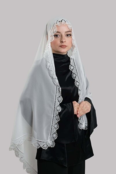 HÜRREM BONE Eșarfă/Hijab crem pentru nuntă, din șifon, cu mărgele și dantelă ...