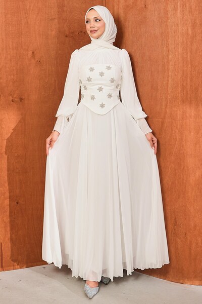 İmajButik Ecru Stone Embroidered Bustier Evening Dress