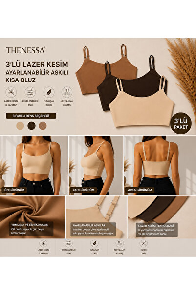 Thenessa 3'lü Ayarlanabilir Askılı Dikişsiz Lazer Kesim Kadın Crop Büstiyer B...