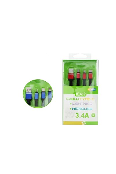 idei Cablu de Încărcare 3-în-1 USB, 3.4A, cu Conectori Type-C, Lightning și M...