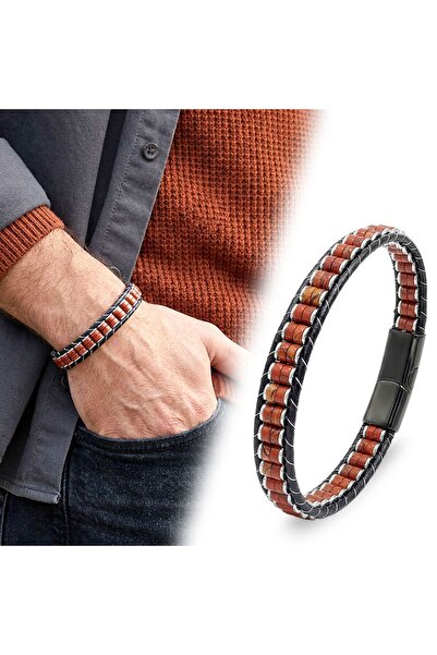 Mestore Red Jasper & Hematite Steel Braided Leather Bracelet 31682B22D6