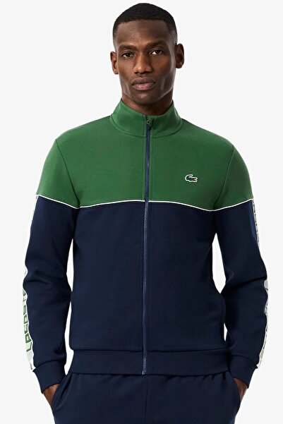 Lacoste هودي رجالي بسحّاب كامل باللون الأزرق الداكن والأخضر