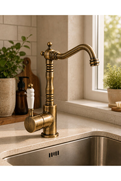 DMR VESTA Antique Tumbled Brass Kitchen Sink Faucet with Ceramic Handle Vinta...