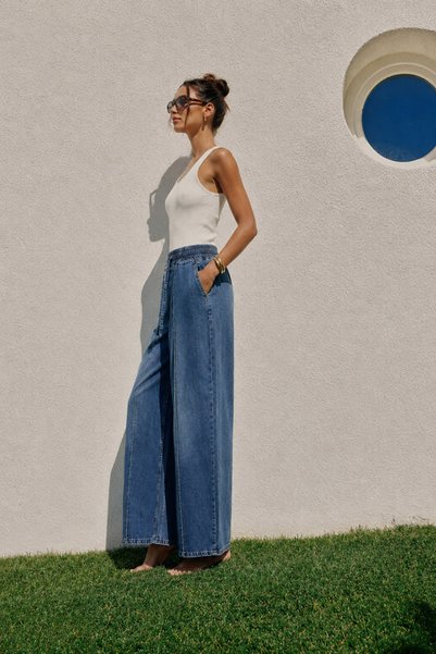 Safari Beli Lastikli Geniş Paça Kadın Jean Pantolon