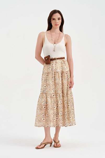 tw3 Women's Ethnic Patterned Long Skirt with Elastic Waist and Lined Design