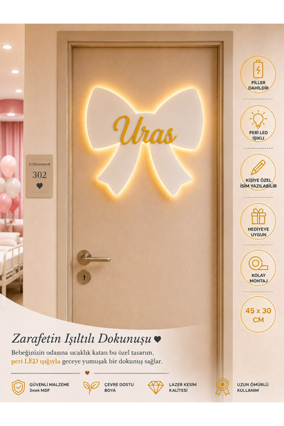 baskigo.com LED Işıklı Kişiye Özel Kurdele Kapı Süsü İsimli Bebek Odası Dekor...