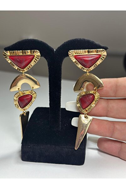 ROYAL SPARK Retro Style Red Stone Detailed, Geometric Cut Gold Earrings