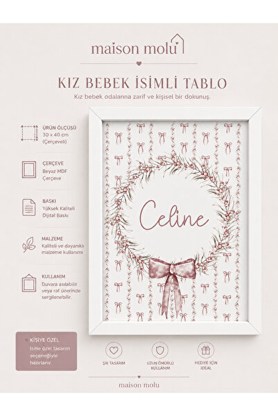 Kişiye Özel Kız Bebek İsimli Çerçeveli Tablo 30x40 cm - Bebek Odası Dekorasyonu ve Yenidoğan Hediyesi