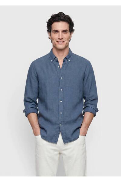 Ramsey Petrol Düz Casual Fit Uzun Dokuma Casual %100 Keten Gömlek