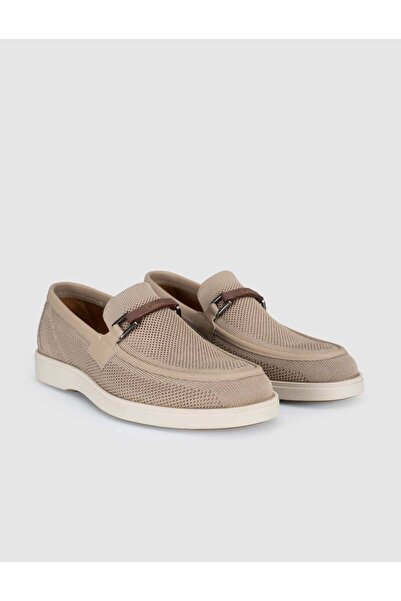 Cabani Beige Genuine Leather Knitwear Men's Loafer Shoes