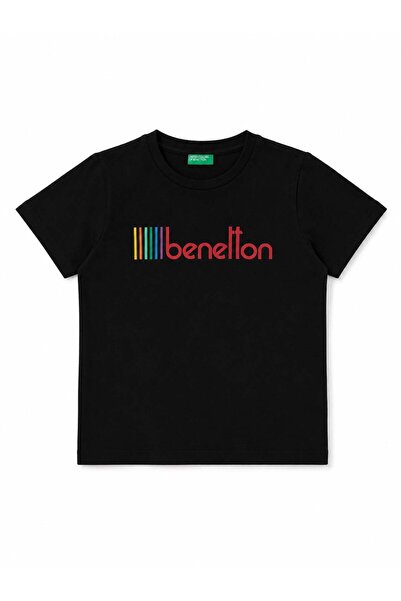 United Colors of Benetton Boy's Black Crew Neck T-Shirt with Logo Print on th...