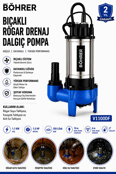 BÖHRER V1100DF Bıçaklı Rögar Drenaj Dalgıç Pompa 1.5 HP 350 L/Dak Kirli Su ve...