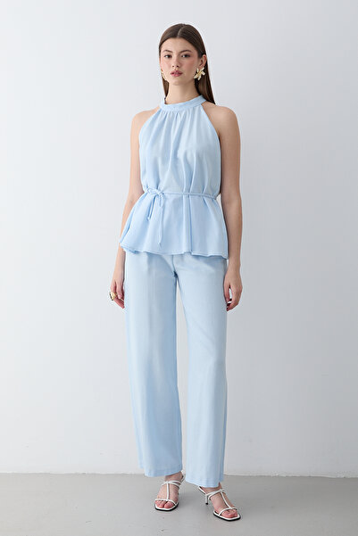 JASTE Women's Blue Halter Neck Belted Detailed Blouse and Pants Set