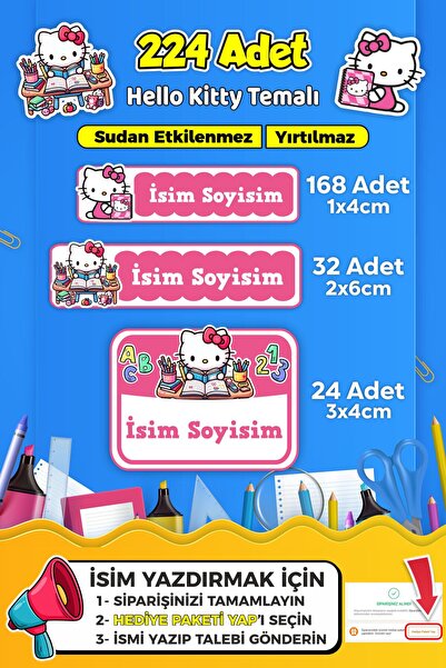 SB store Okul Kreş Kişiye Özel isim Etiket Seti Hello Kitty Temalı - Model 671