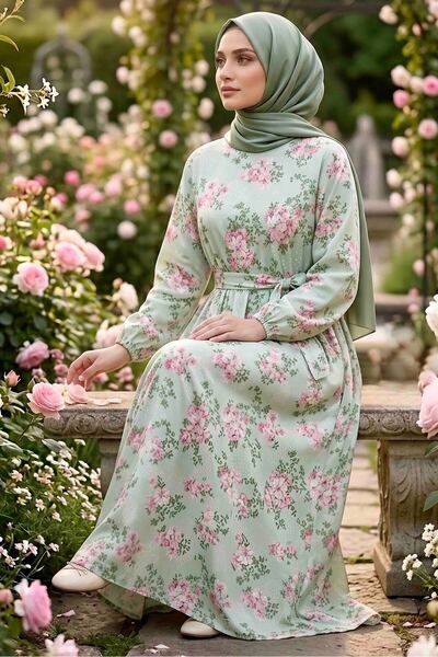 TOFİSA Desenli Kuşaklı Lastik Detaylı Elbise - 2115-MINT-PUDRA