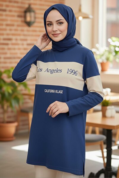 TOFİSA Yırtmaçlı Baskılı Tunik - 2073-INDIGO