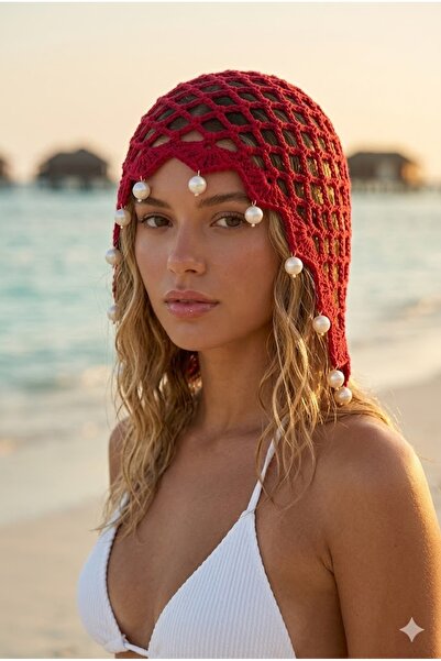 Belifanti Collection Kadın Kırmızı Yazlık File Bandana Şapka İncili Örgü Plaj...