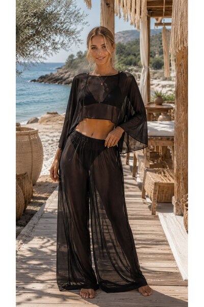 FELLMENS Siyah Lux Şifon Kumaş Bluz ve Pantolon Plaj Giyim 2’li Takım S/M