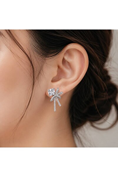 Mervişim Aksesuar Women's Steel Earrings with Zircon Stone and Bow Detail