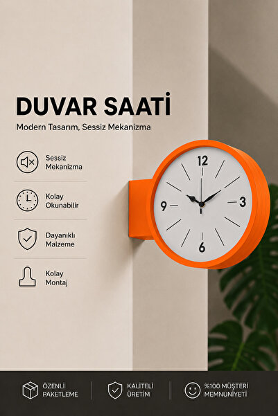 Tovo Craft Modern Yuvarlak Çift Taraflı Duvar Saati Sessiz Mekanizmalı Turunc...
