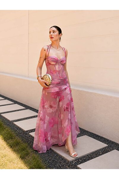 YK FASHION Çiçek Desenli Tül Tasarım Elbise