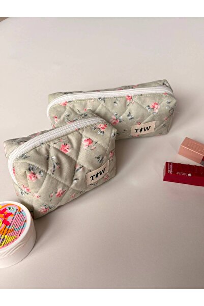 TALL WAY Set of 2 Makeup Bags with Green Rose Pattern