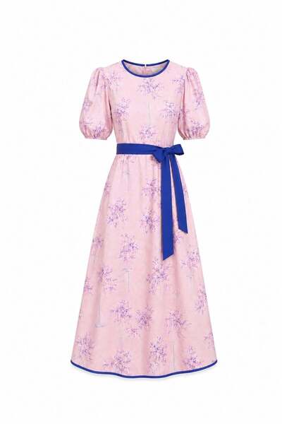 elif teke Palmiye Desenli Kuşaklı Elbise Pembe