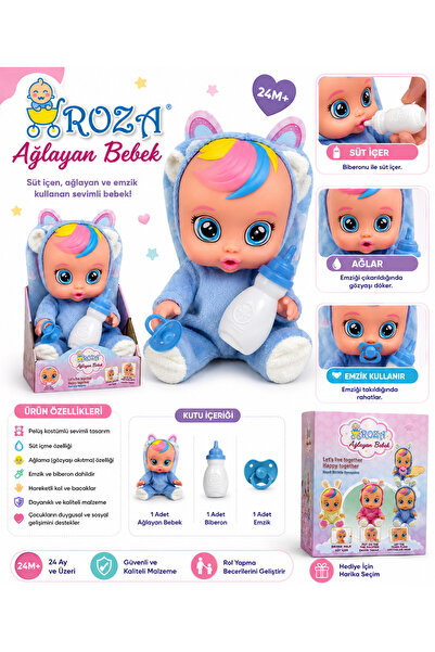 DoruCO ROZA Ağlayan Bebek Peluş Kostümlü Et Bebek – Biberonlu ve Emzikli Oyun...