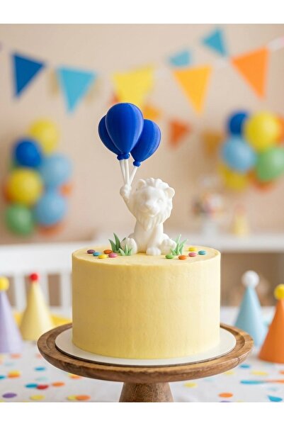 hediyesepetinde Mavi Balonlu Aslan Pasta Süsü – 10 cm Aslan Figürlü Doğum Gün...