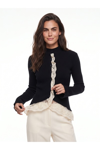 ONLOOX Black Ribbed Knitwear Half Turtleneck Body-Fitting Lace Detailed Butto...