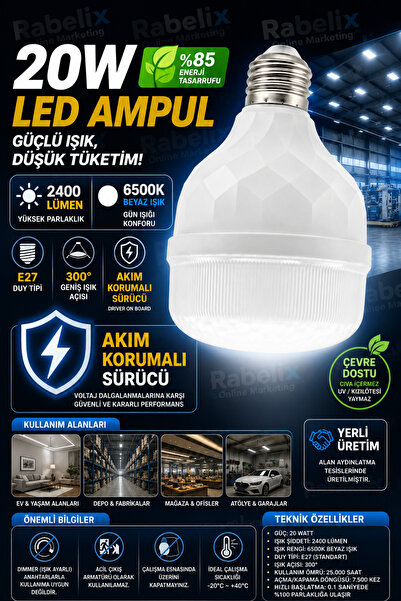 Rabelix Online Marketing 20W 2400 Lümen E27 Beyaz Torch LED Ampul Akım Koruma...