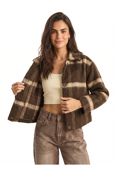 ONLOOX Brown Beige Acrylic Wool Blended Fabric Lined Plaid Patterned Coat wit...