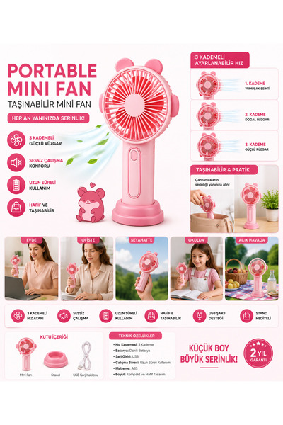 GudeX USB Şarjlı Mini Vantilatör 3 Kademeli Taşınabilir Masaüstü Fan