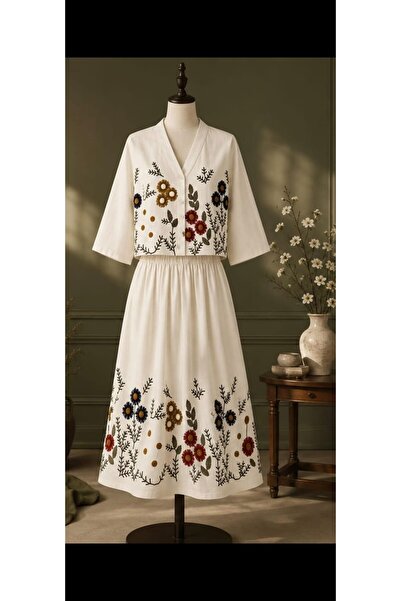 ZTO Women's Embroidered Linen Jacket and Skirt Set
