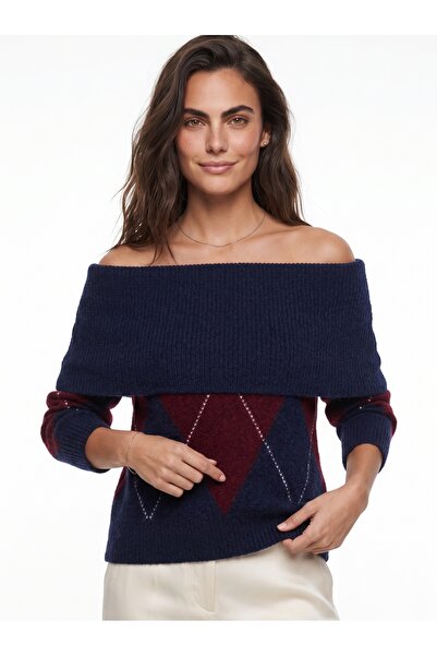 ONLOOX Navy Blue Burgundy Stretchy Knitwear Madonna Collar Standard Size Diam...