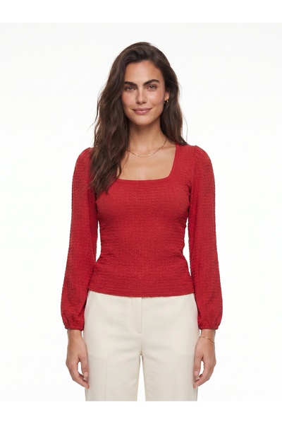 ONLOOX Red Seersucker Textured Square Neck Long Sleeve Stretchy Form-Fitting ...