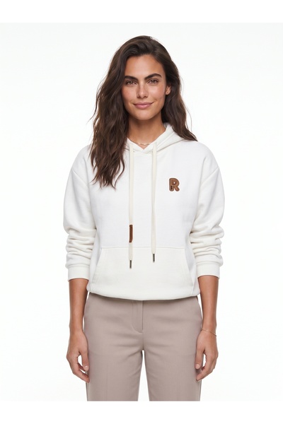 ONLOOX White Stretchy Shirred Fabric Hooded Loose Cut Embroidered Kangaroo Po...