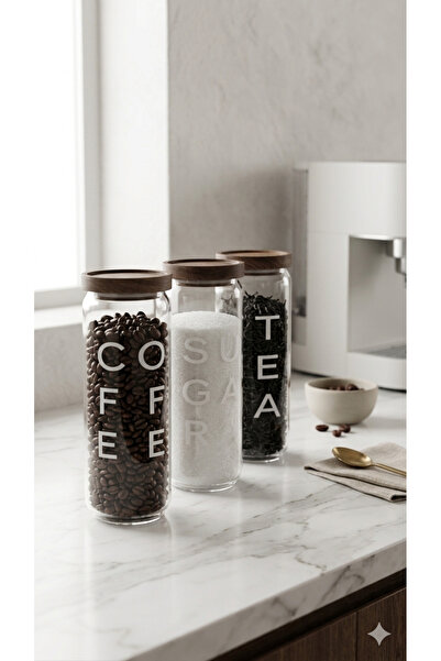 Dia Set of 3 Labeled Glass Food Jars 1600 ml Storage Container with Wooden Va...