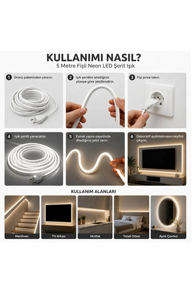 teknonisa 3 Metre Fişli Neon LED Şerit Işık Beyaz Esnek Silikon Dekoratif Aydınlatma
