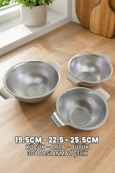 (SET OF 3) Stainless Steel Strainer with Handles - Professional 304 Quality Stainless Steel - Extra Quality Lifetime Strainer - Small, Medium, Large Size
