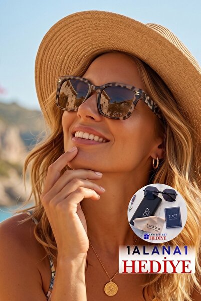 Kadın UV400 Kare Nude Leopar Çerçeve Güneş Gözlüğü 23002-1 C4Leo