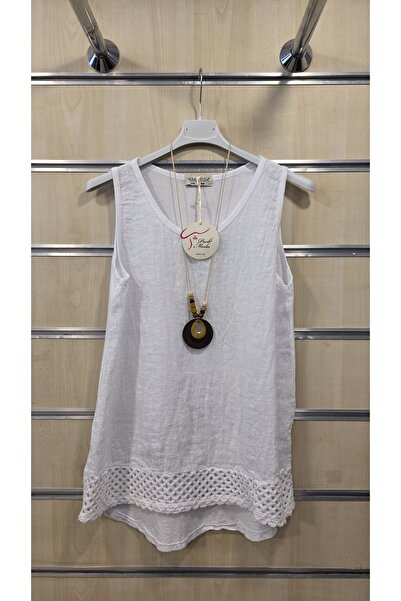 Park Moda Italian Zero-Sleeve Blouse with Pendant and Mesh Detail