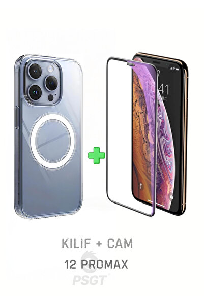 PSGT Set Iphone (12 PROMAX) Kılıf Magsafe Wireless Şarj Destekli Şeffaf Kapak...
