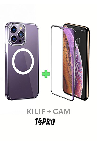 PSGT Set Iphone 14 Pro Kılıf Magsafe Wireless Şarj Destekli Şeffaf Kapak Magn...