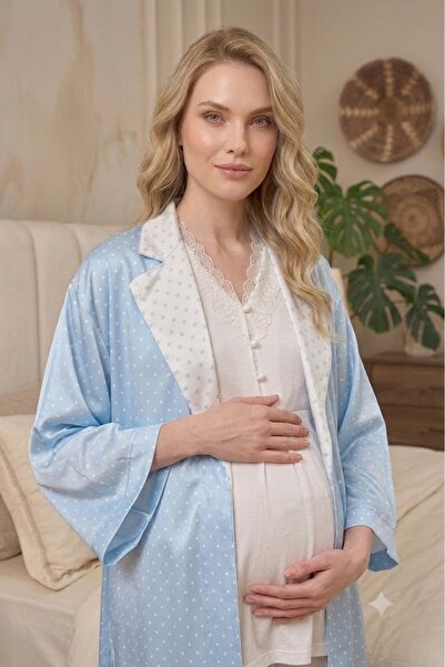 Lohusa Dünyasi Women's Blue Satin Polka Dot 3-Piece Maternity Pajama Set with...