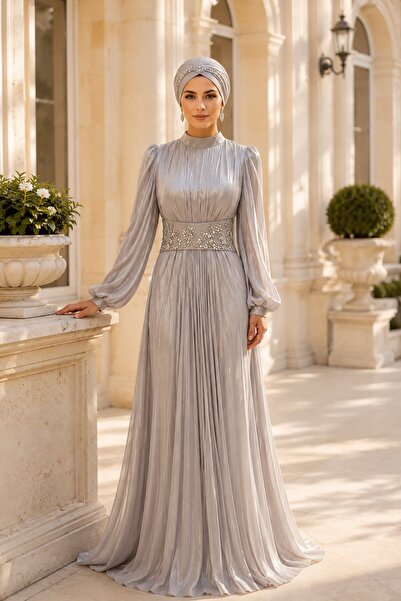Rain and River Embroidered belted pleated hijab evening dress