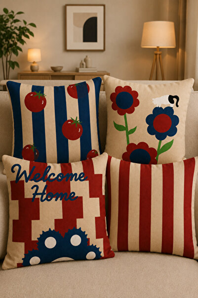 stellahomes Modern Çizgili ve Çiçek Desenli Dekoratif Yastık Kılıfı Seti 4'lü...