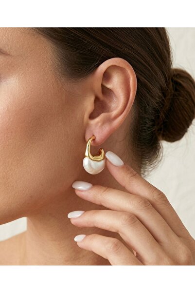 Glowisters Jewelry Kadın Barok İnci Detaylı Dalgalı Tasarım Gold Halka Küpe
