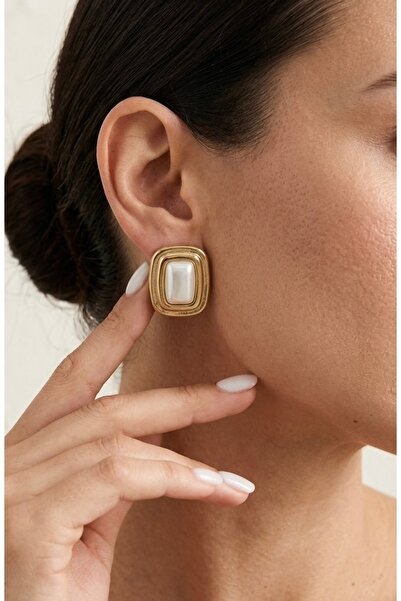 Glowisters Jewelry Kadın Gold Dikdörtgen Çerçeveli İnci Taşlı Vintage Küpe