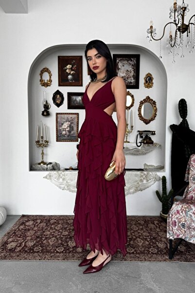 Caddebostan Moda Strappy Backless Ruffled Chiffon Midi Dress Stylish Evening ...